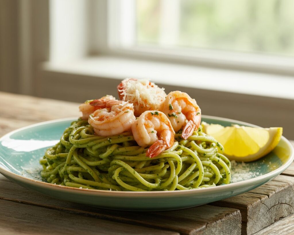 A quick weeknight dinner scene featuring a plate of pesto shrimp pasta on a dining table.
