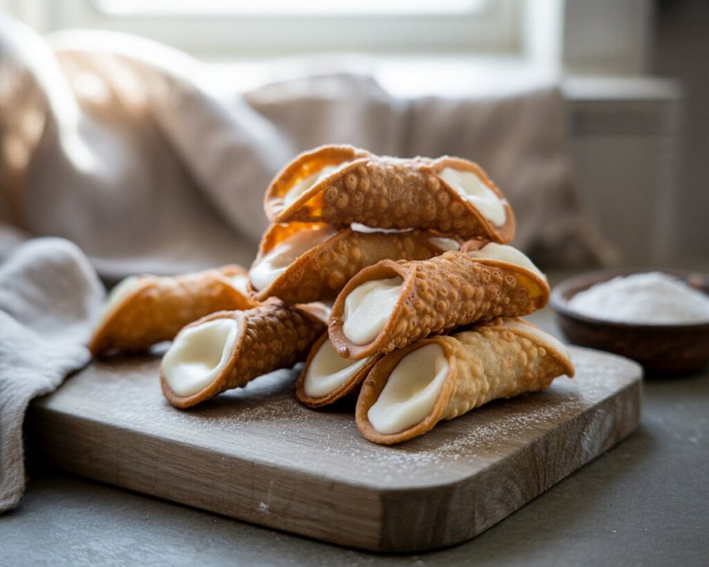 Plate of empty cannoli shells ready for ricotta filling and decoration