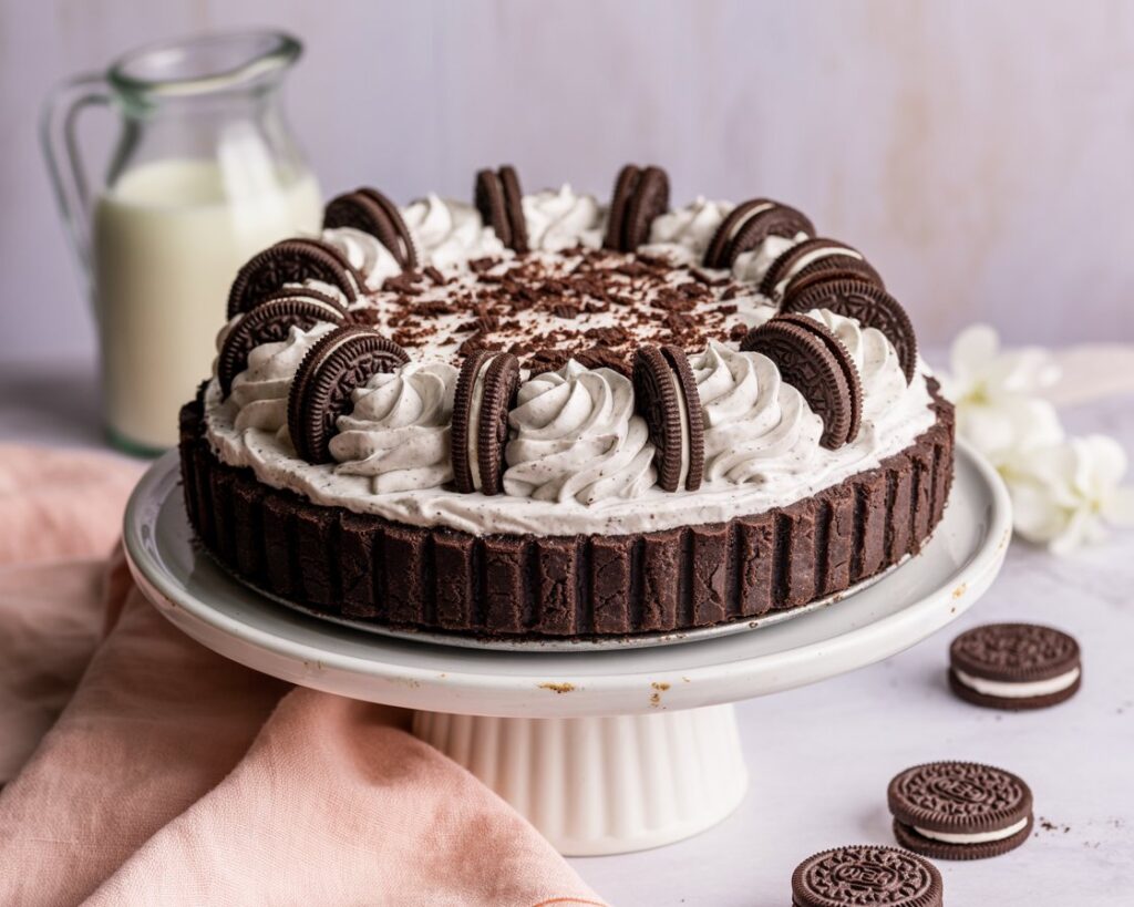 No-bake Oreo pie in a chocolate cookie crust, decorated with whipped cream swirls and cookie crumbs.