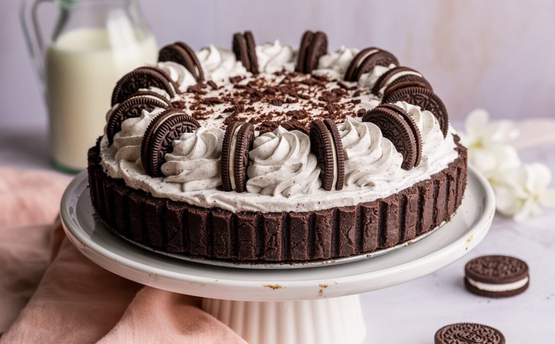No-bake Oreo pie in a chocolate cookie crust, decorated with whipped cream swirls and cookie crumbs.