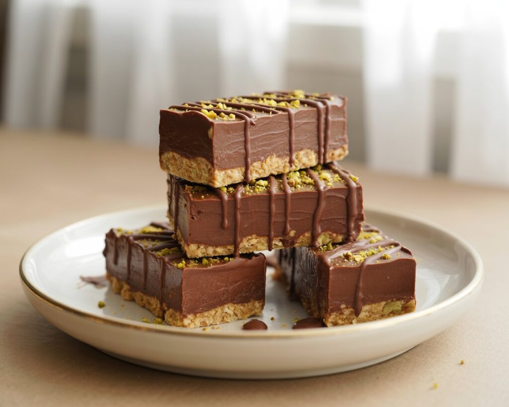 Delicious no bake cheesecake bars with pistachios and chocolate layers