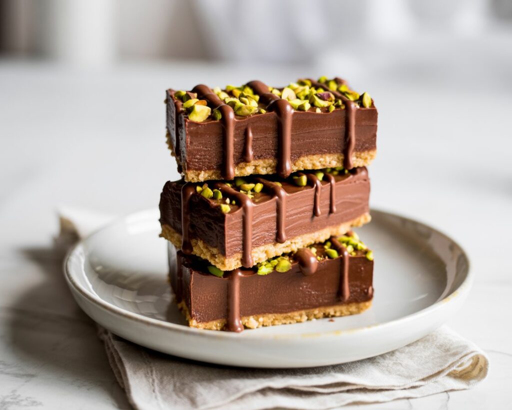 Chocolate pistachio cheesecake bars arranged on a platter with serving utensils