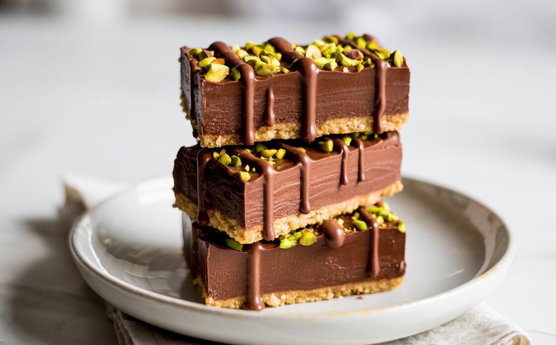 Chocolate pistachio cheesecake bars arranged on a platter with serving utensils
