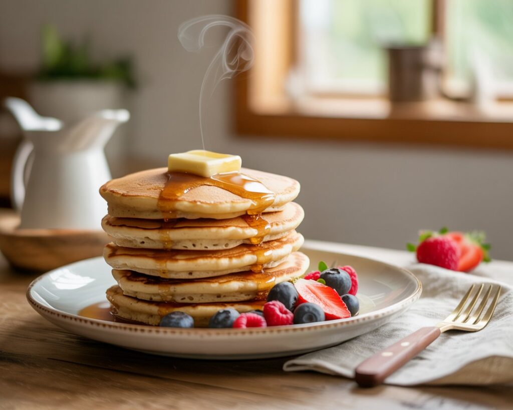 Easy vegan pancakes cooking in a non-stick skillet
