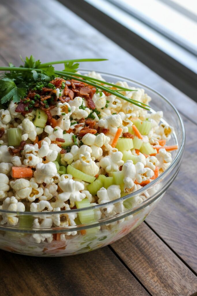 Close up of Midwestern popcorn salad with crunchy texture