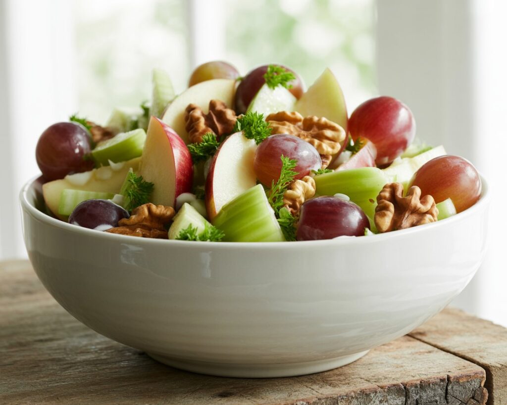 Close up of fresh Waldorf salad with creamy dressing