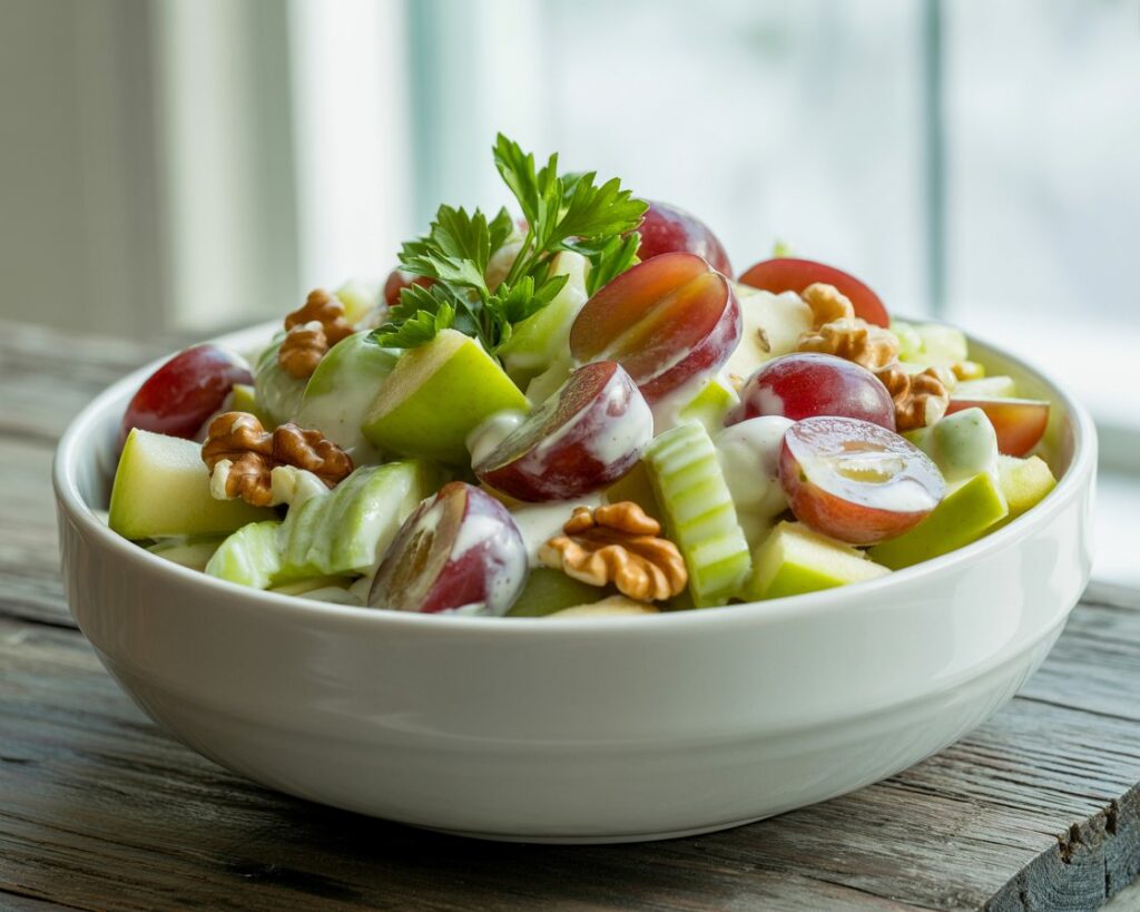 Bowl of Waldorf salad with apples grapes celery and walnuts