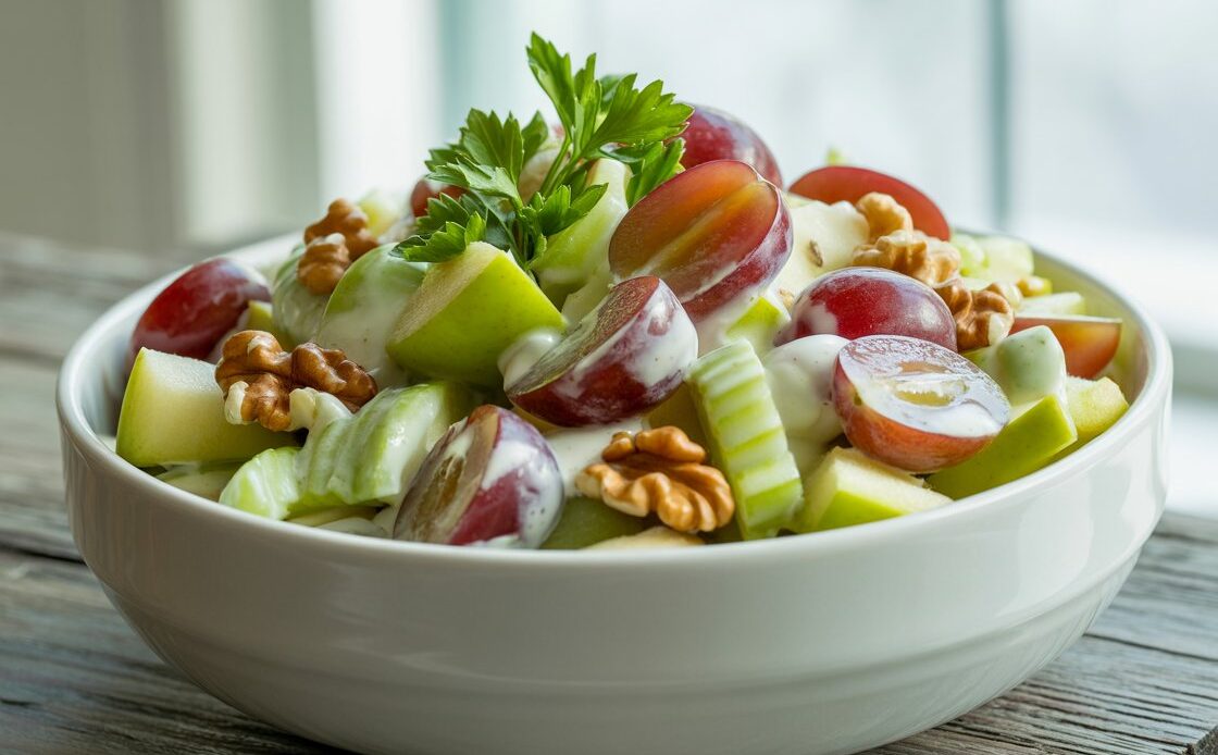 Bowl of Waldorf salad with apples grapes celery and walnuts