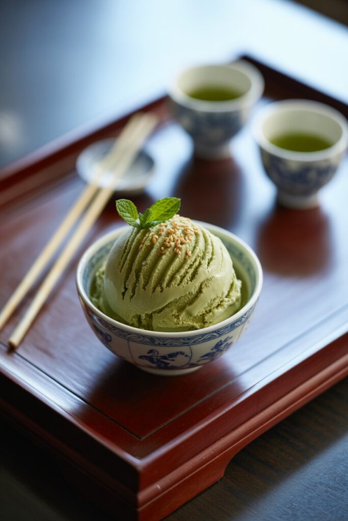 Variety of plant based Chinese ice cream options displayed on a wooden table