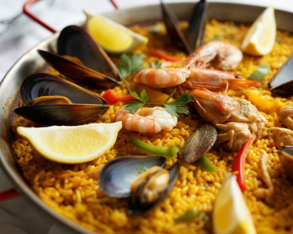 Traditional Spanish paella with saffron rice seafood and vegetables in a pan