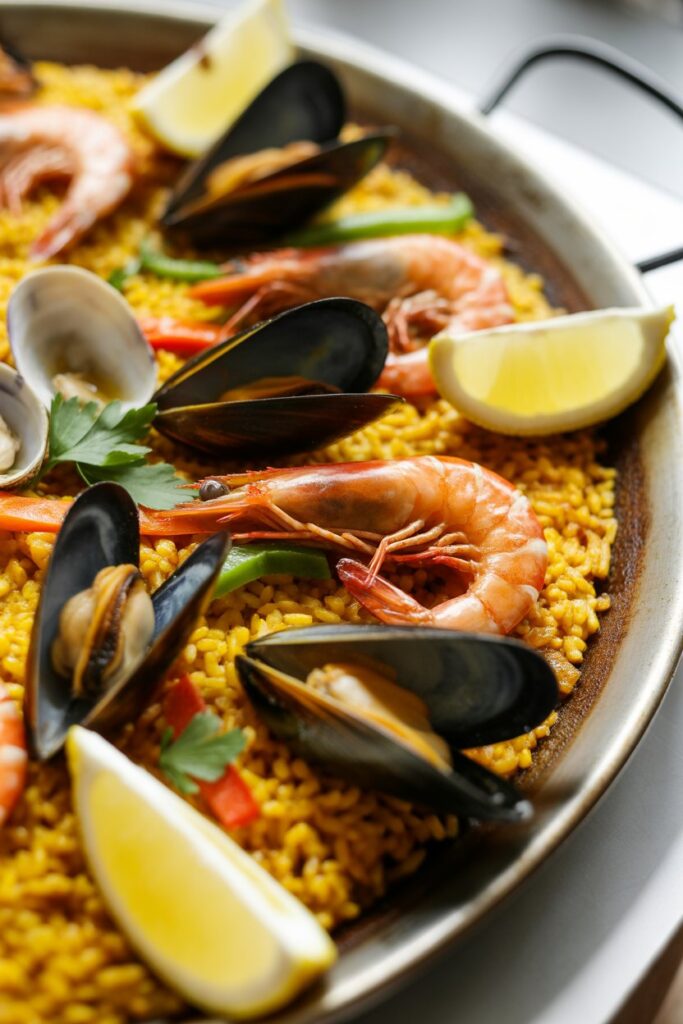 Authentic paella with chicken seafood and vegetables ready to serve at home