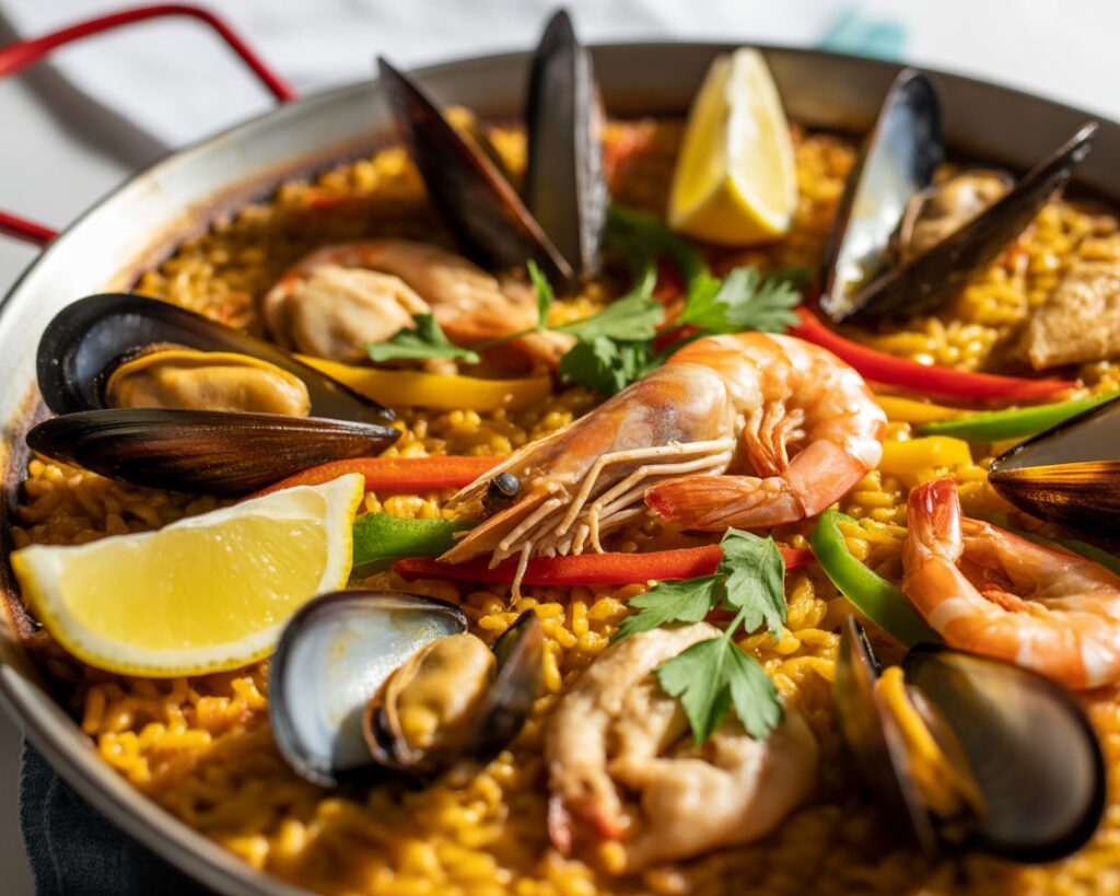 Homemade paella served on a rustic table with fresh herbs and lemon wedges