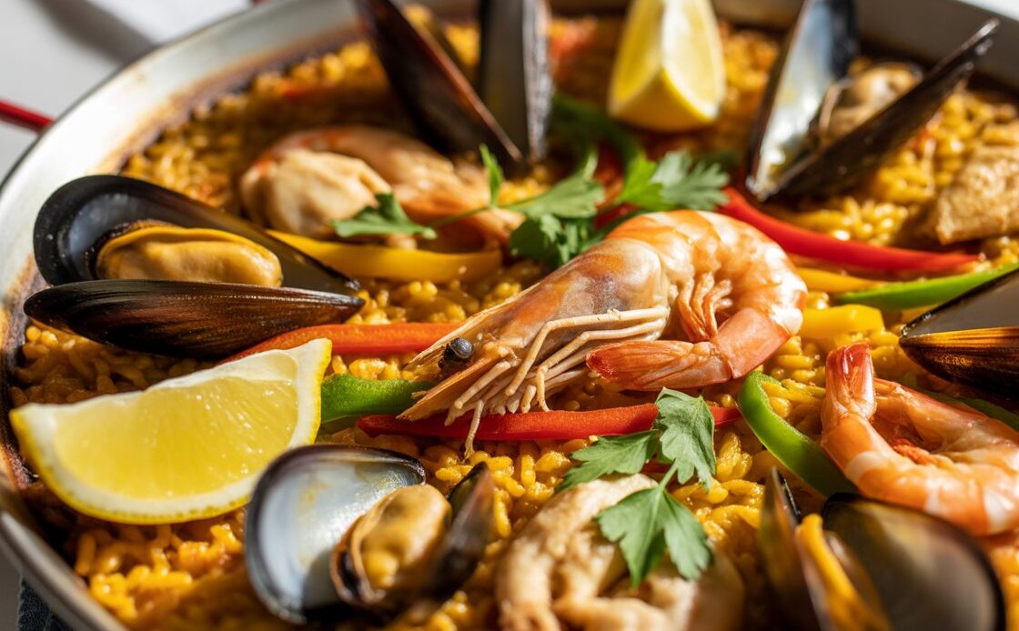Homemade paella served on a rustic table with fresh herbs and lemon wedges