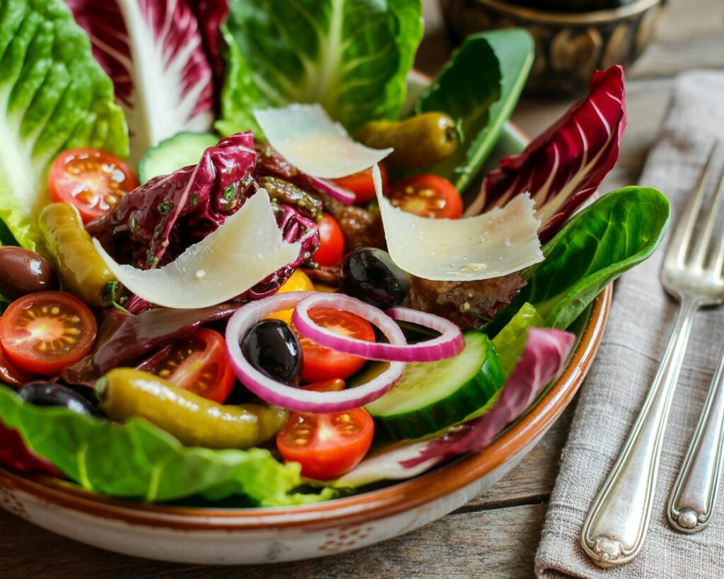 Fresh Italian salad with tomatoes, mozzarella, and basil on a plate.