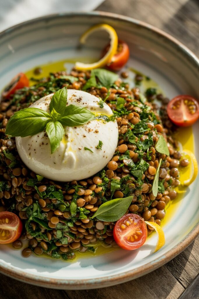 Herby lentil salad topped with creamy burrata and fresh herbs.