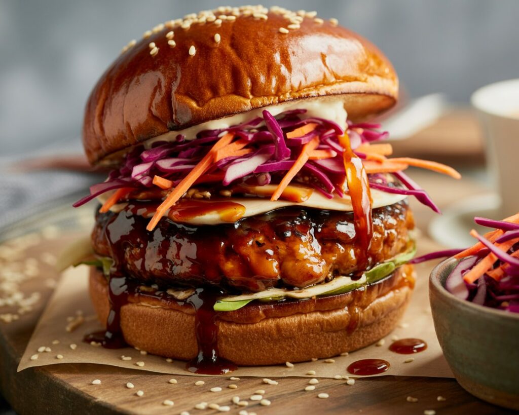 Close-up of a glazed chicken teriyaki patty inside a toasted bun.