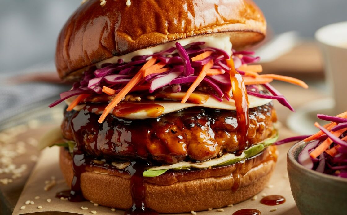 Close-up of a glazed chicken teriyaki patty inside a toasted bun.