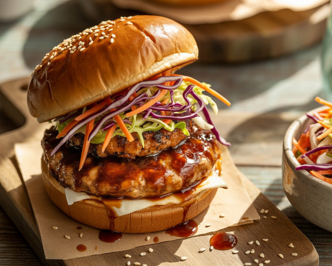 Chicken teriyaki burger stacked with crunchy sesame cabbage slaw.