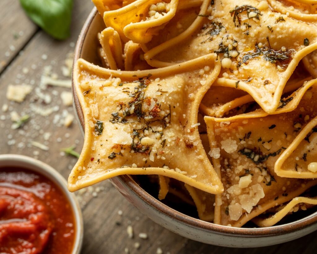 Air-fried pasta chips sprinkled with Parmesan and herbs.