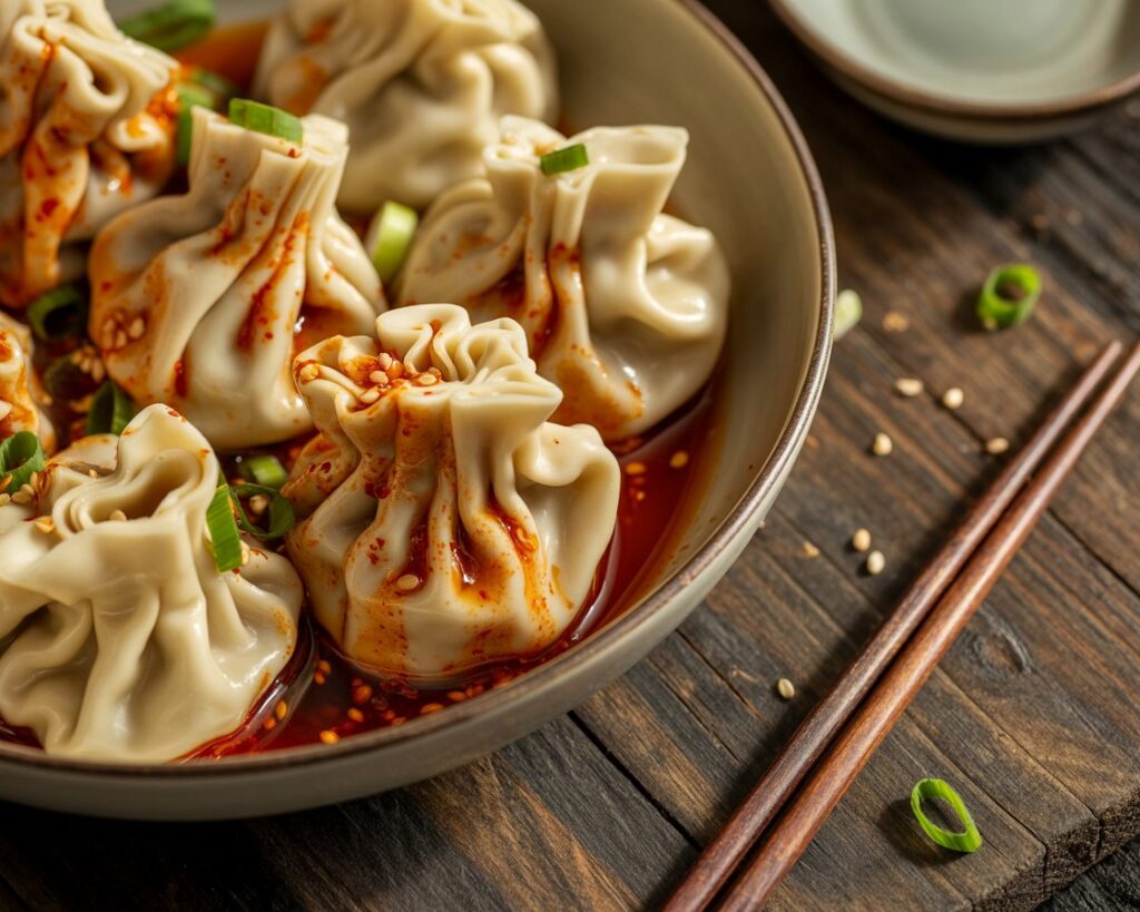 Homemade chicken wontons being dipped into spicy chili sauce.
