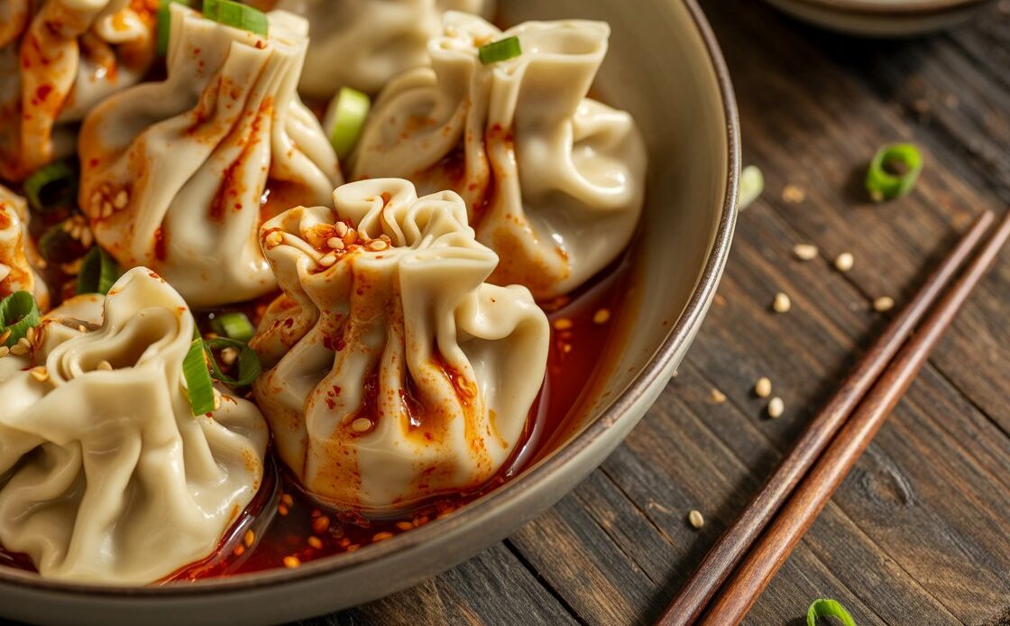Homemade chicken wontons being dipped into spicy chili sauce.