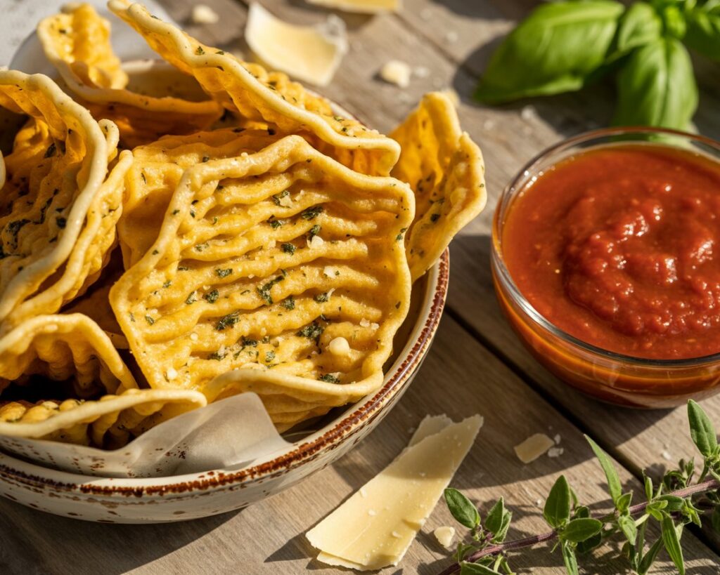 Baked pasta chips arranged on a tray fresh out of the oven.