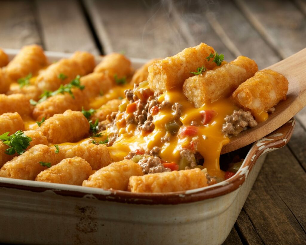 Tater tot casserole topped with melted cheese and chopped herbs.