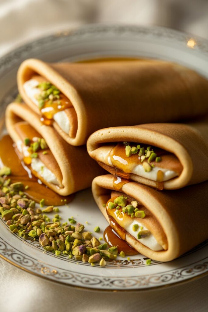 Golden qatayef pancakes filled with sweet cream and nuts.