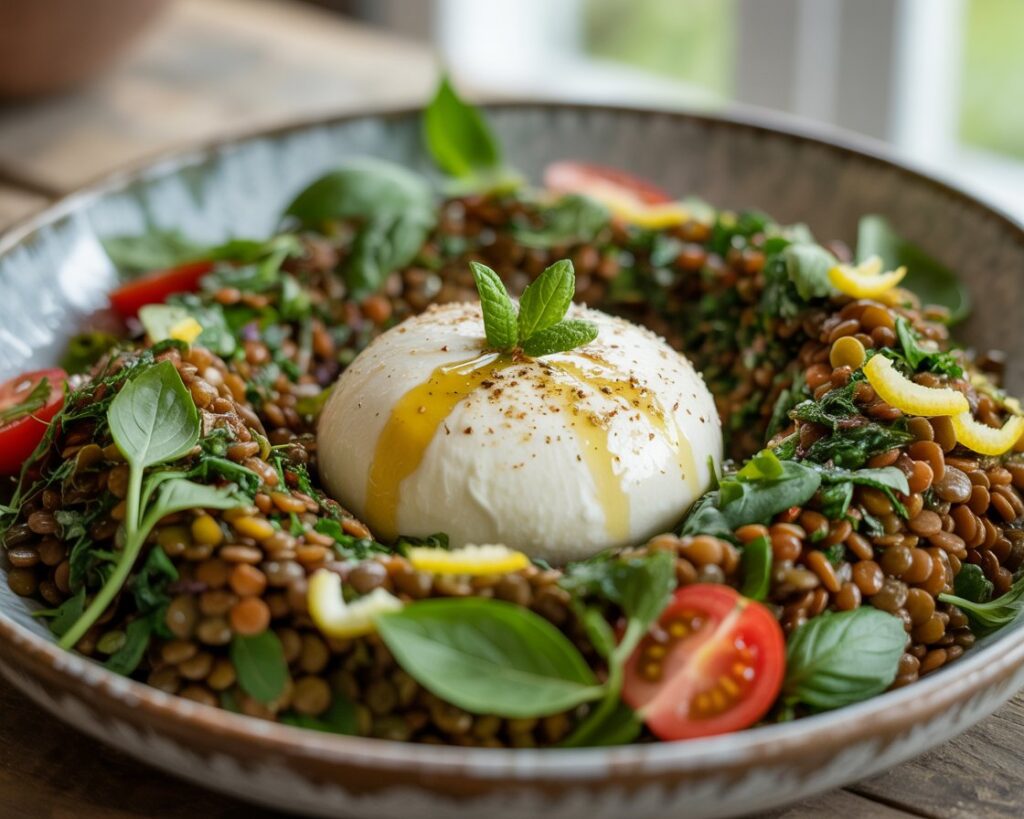 Homemade salad with lentils, burrata cheese, cherry tomatoes, and herbs.