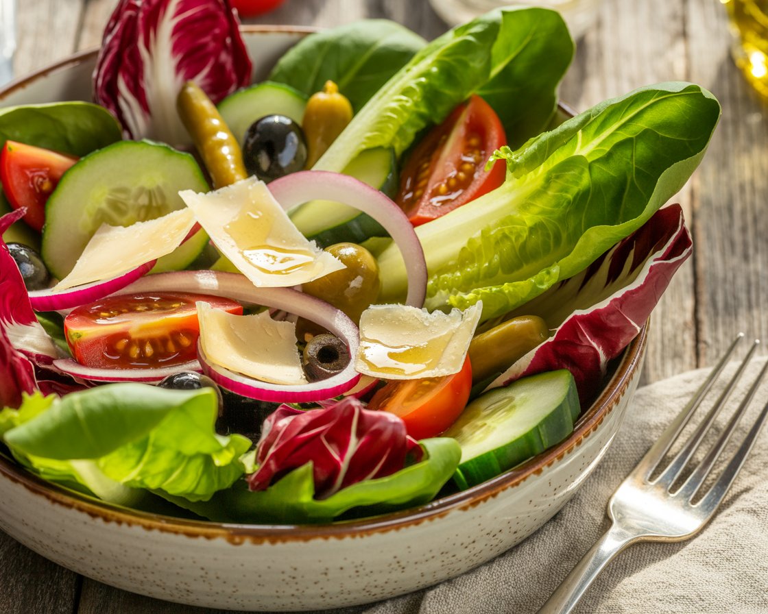 Bowl of Italian mixed greens with olives, parmesan, and vinaigrette.