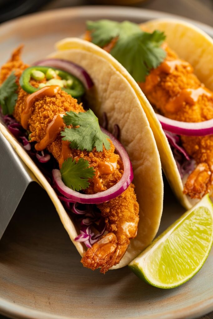 Close-up of golden fried shrimp in warm tortillas with colorful slaw.