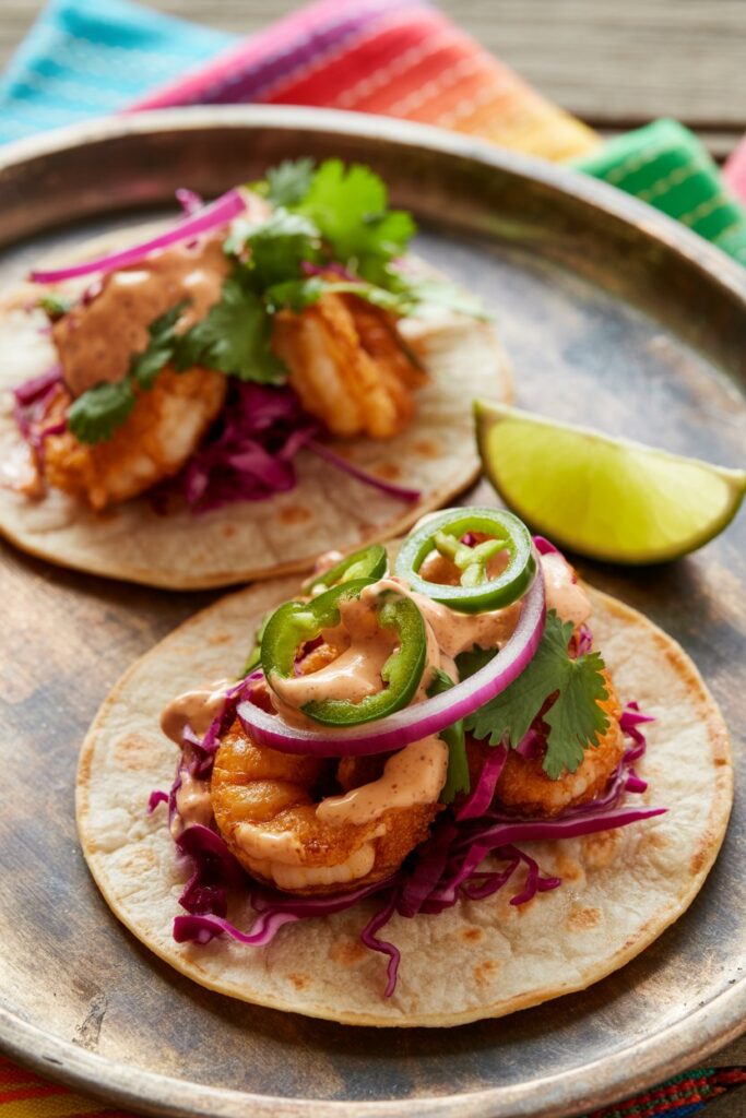Plated shrimp tacos with lime wedges and cilantro garnish.