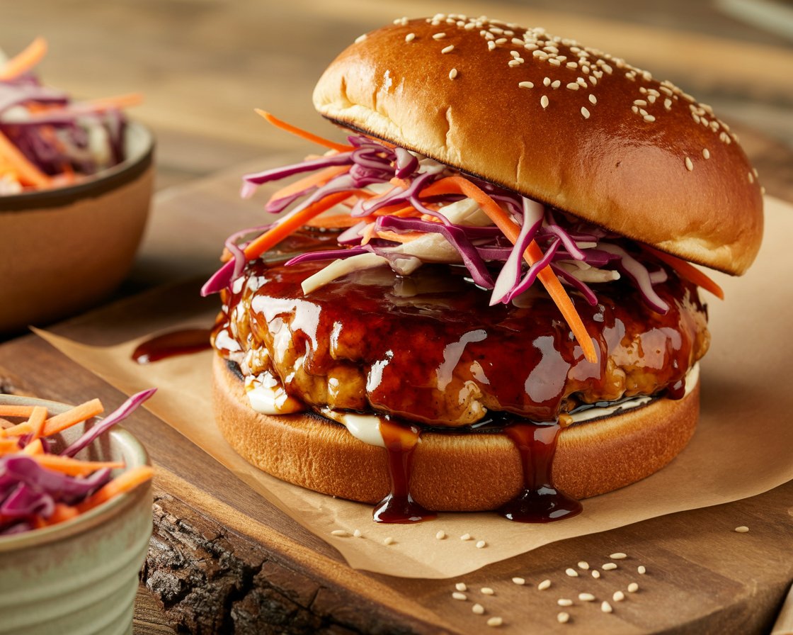 Juicy chicken teriyaki burger topped with sesame slaw on a plate.