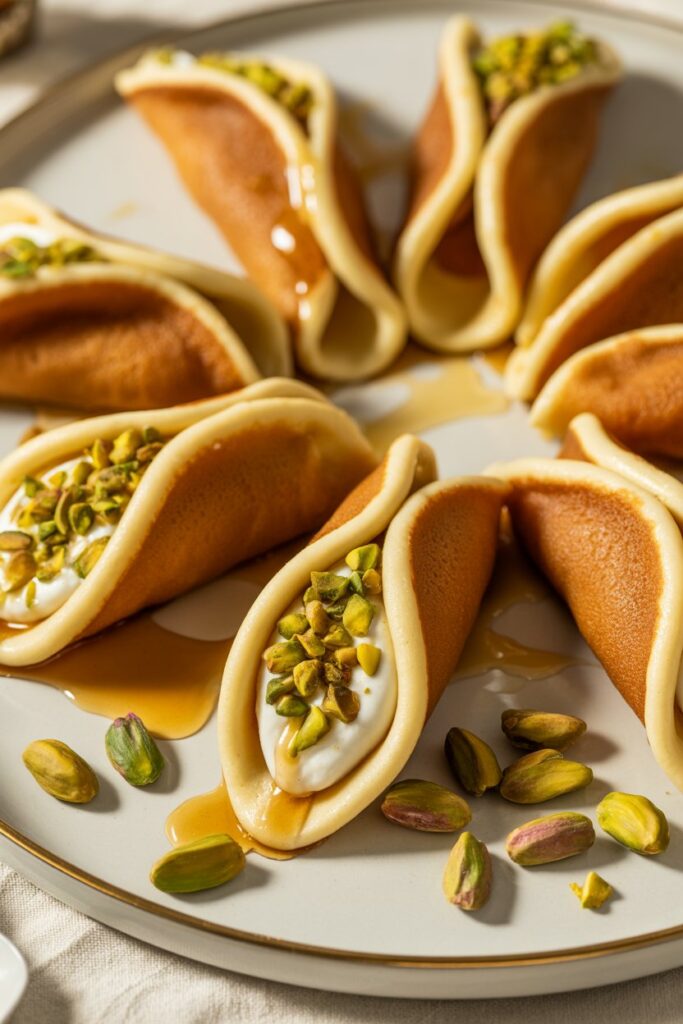 Close-up of traditional Middle Eastern qatayef folded and garnished with pistachios.