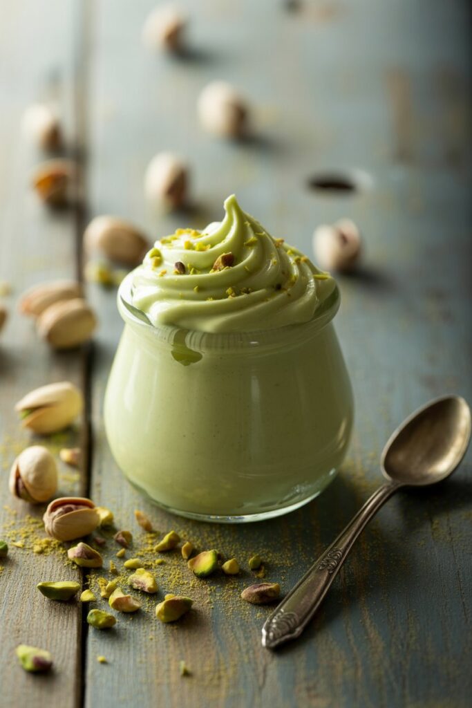 Homemade pistachio cream spread on toasted bread slices.