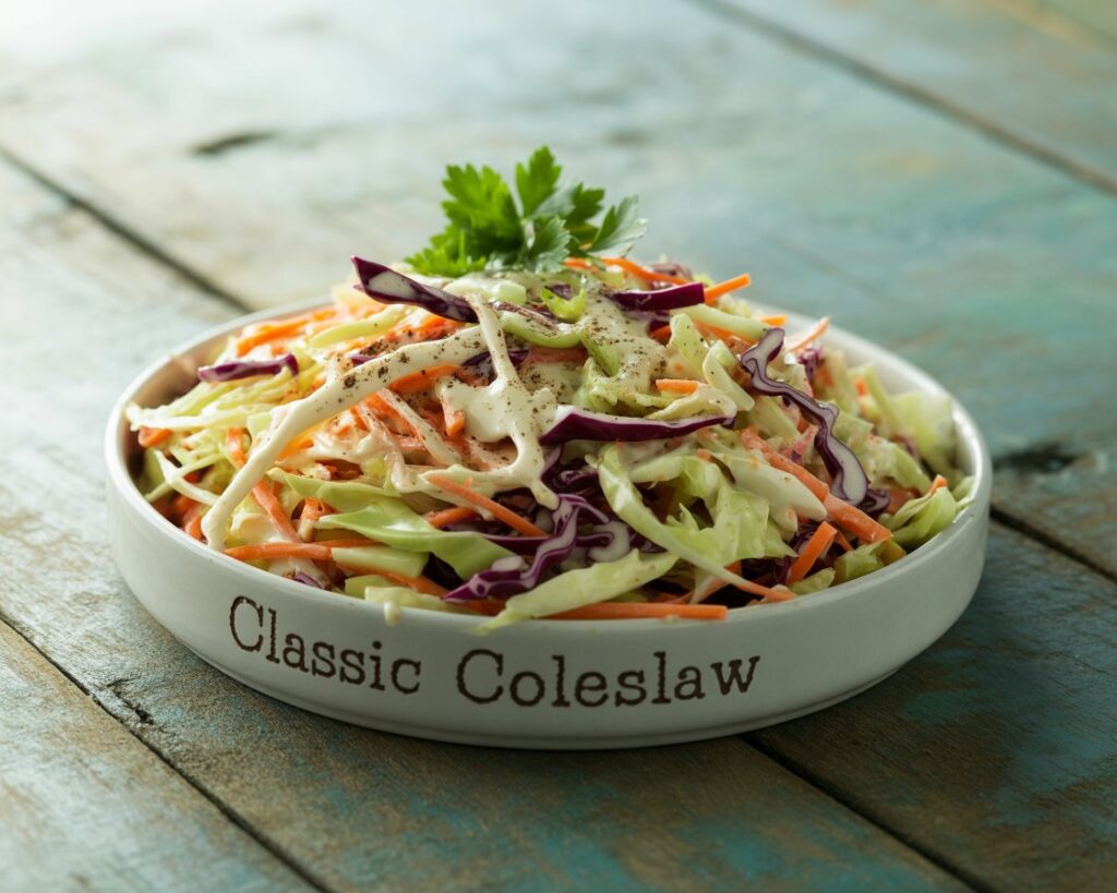 Bowl of crunchy coleslaw topped with fresh parsley.