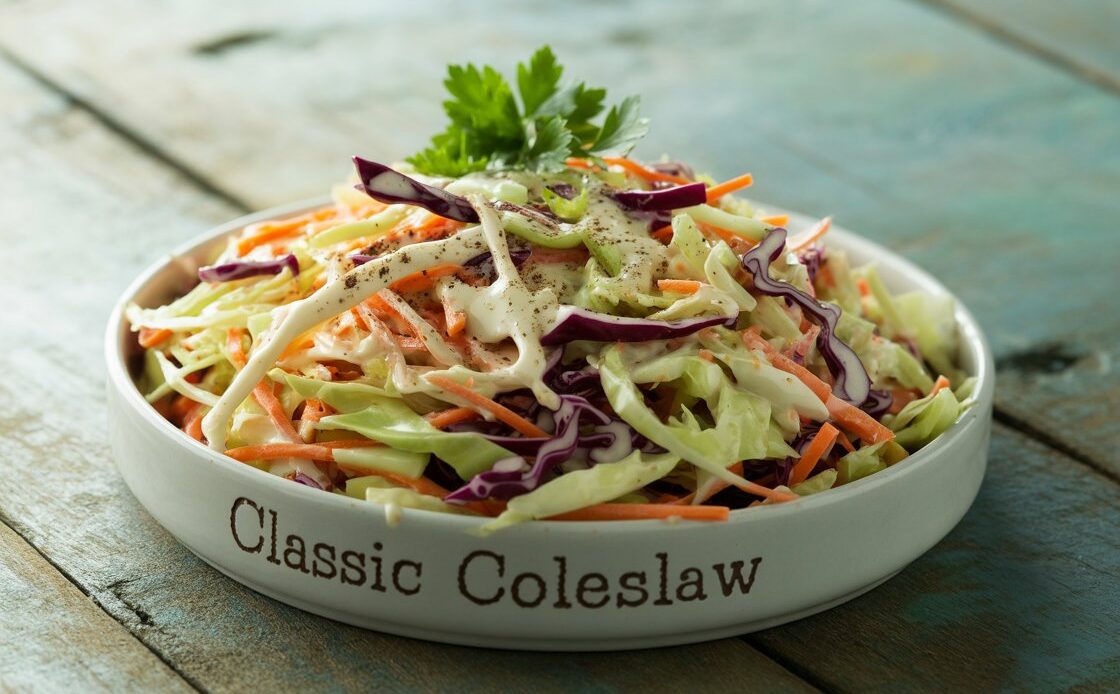 Bowl of crunchy coleslaw topped with fresh parsley.
