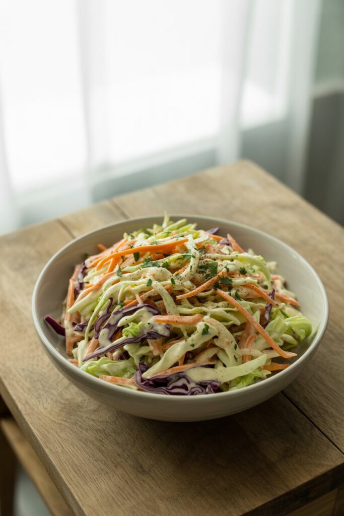 Classic creamy coleslaw served in a white bowl.
