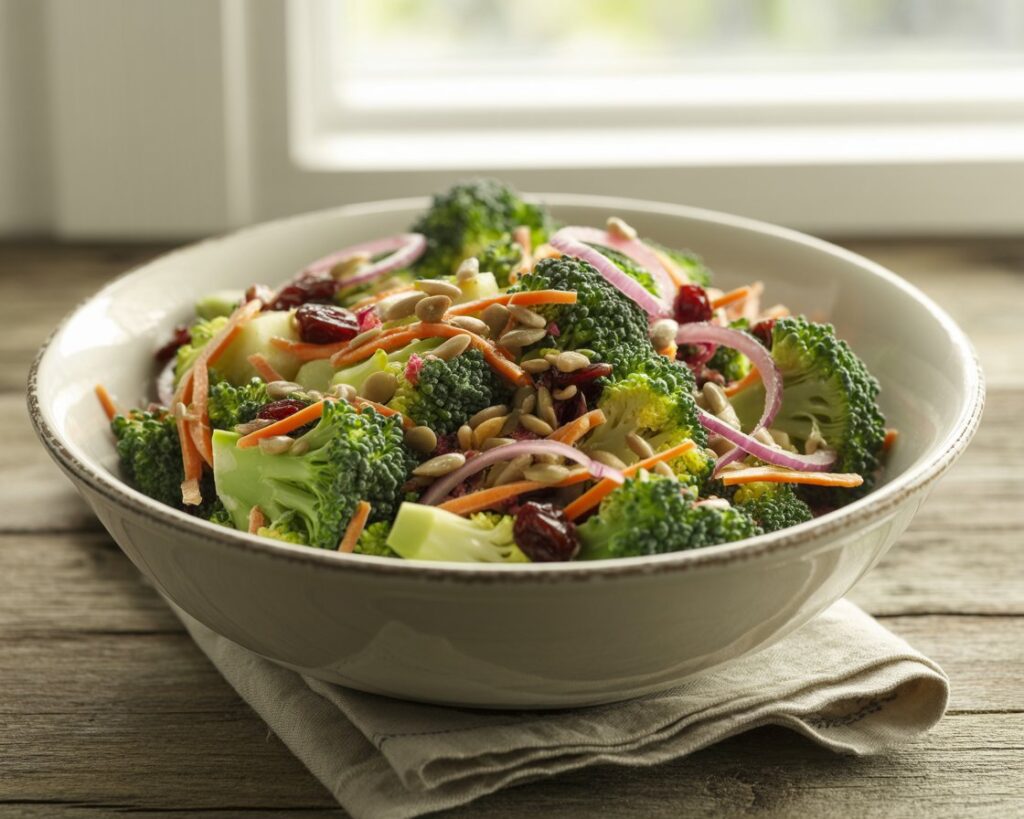 Fresh broccoli salad with creamy dressing served in a white bowl.