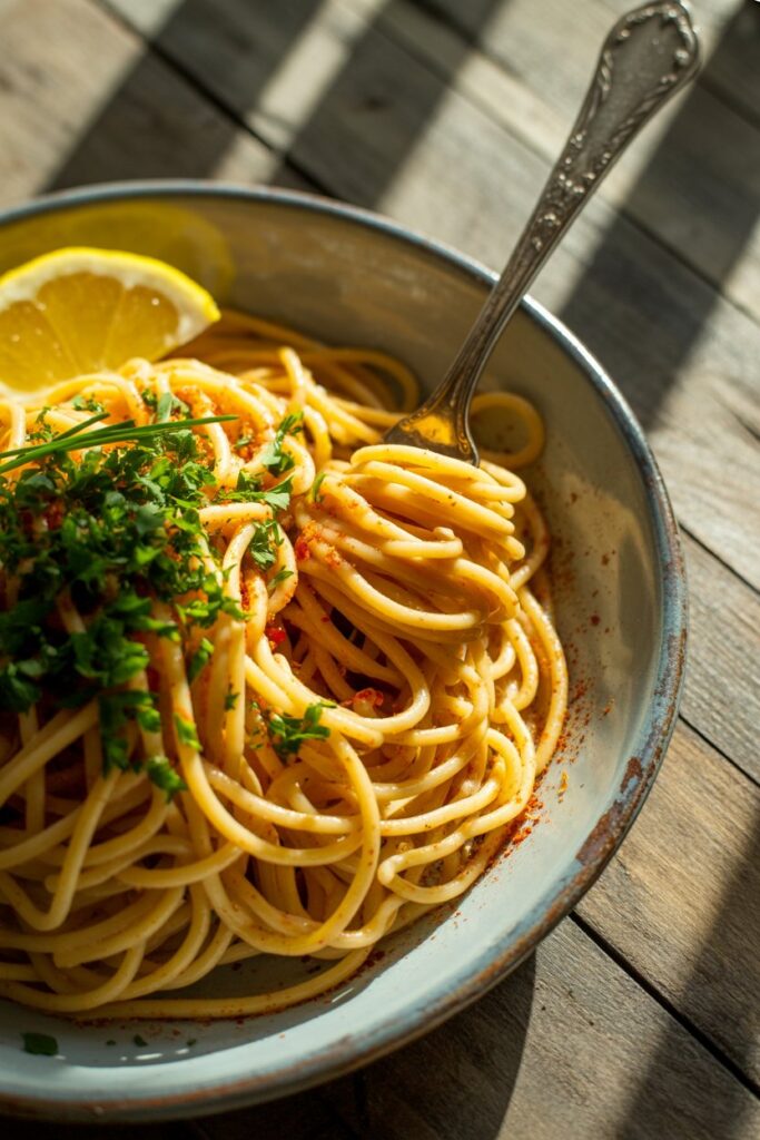 Step-by-step preparation of cowboy butter spaghetti in a kitchen.