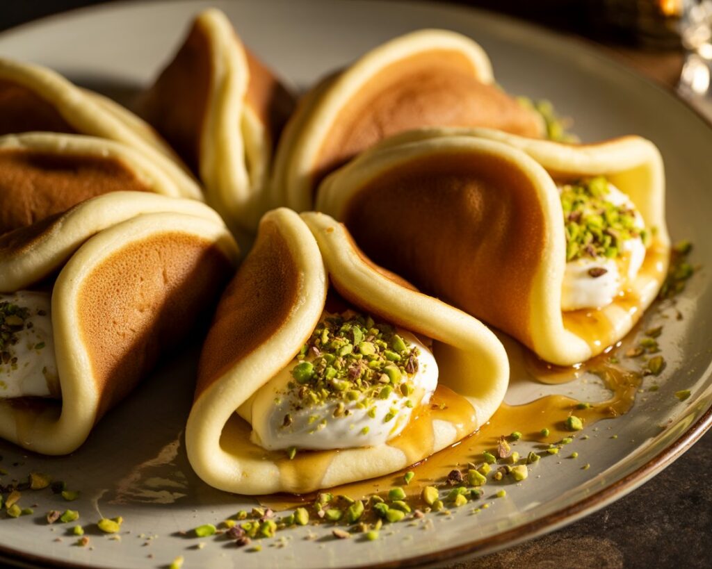 Stack of freshly cooked qatayef pancakes ready for filling.