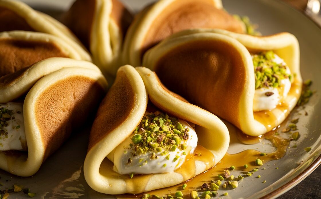 Stack of freshly cooked qatayef pancakes ready for filling.