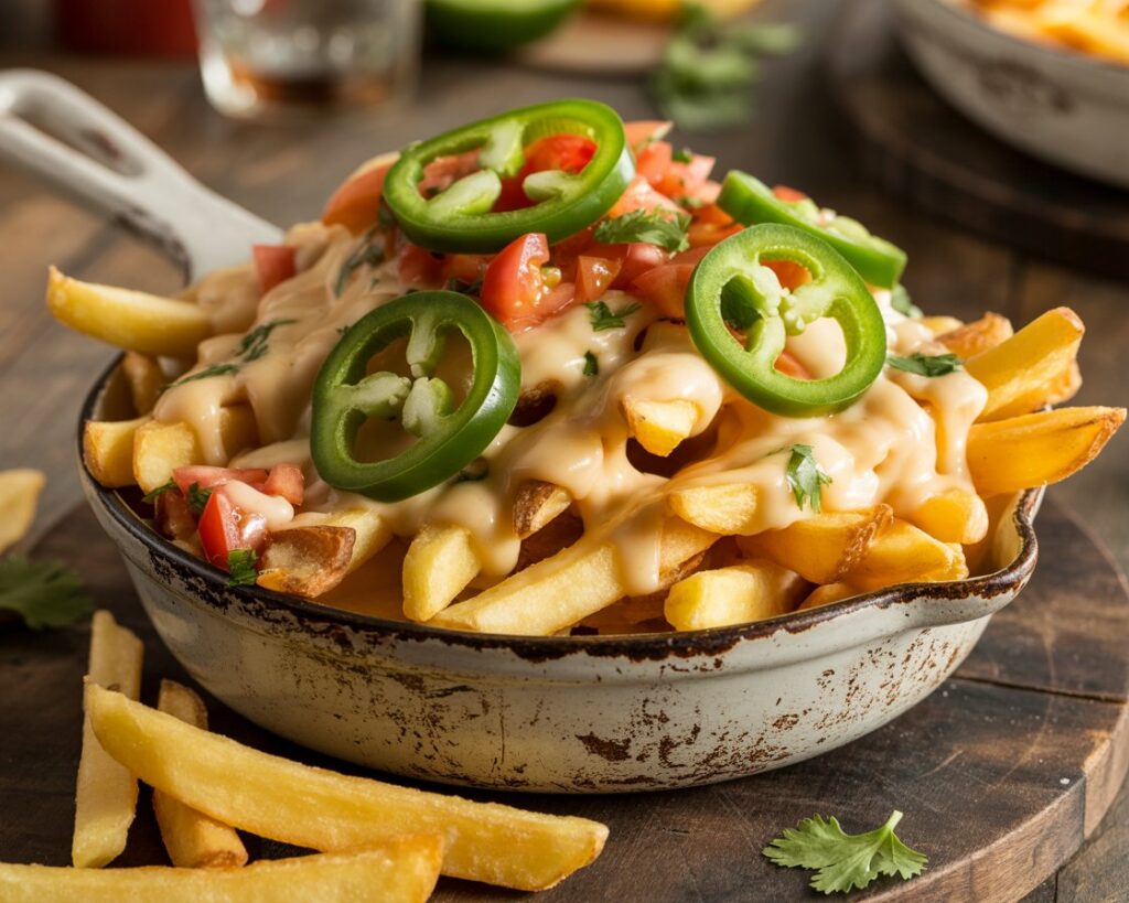 Cheesy nacho fries topped with shredded cheddar and spicy jalapeños.