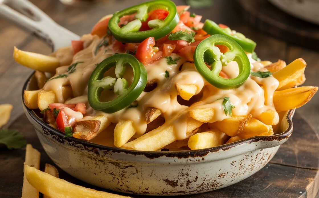 Cheesy nacho fries topped with shredded cheddar and spicy jalapeños.