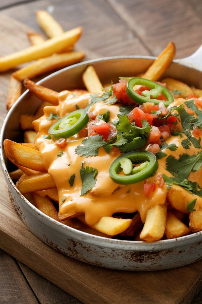 Crispy nacho fries topped with creamy queso sauce and jalapeños.