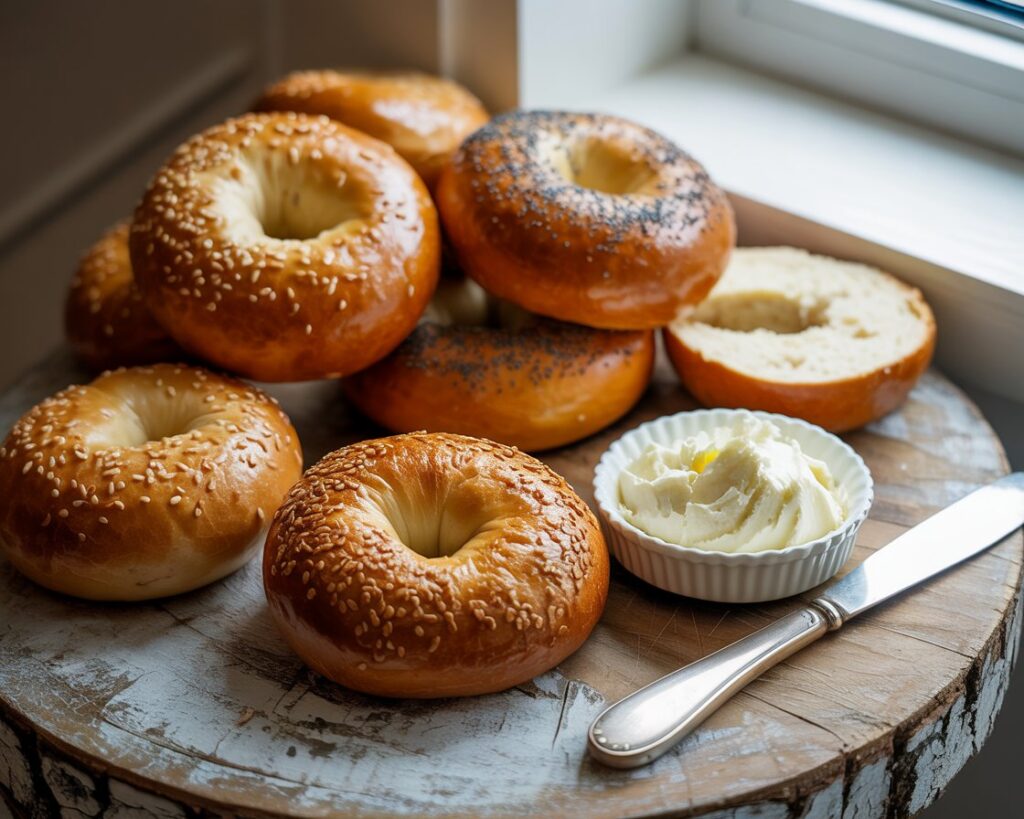 Golden brown bagels with sesame and poppy seed toppings.