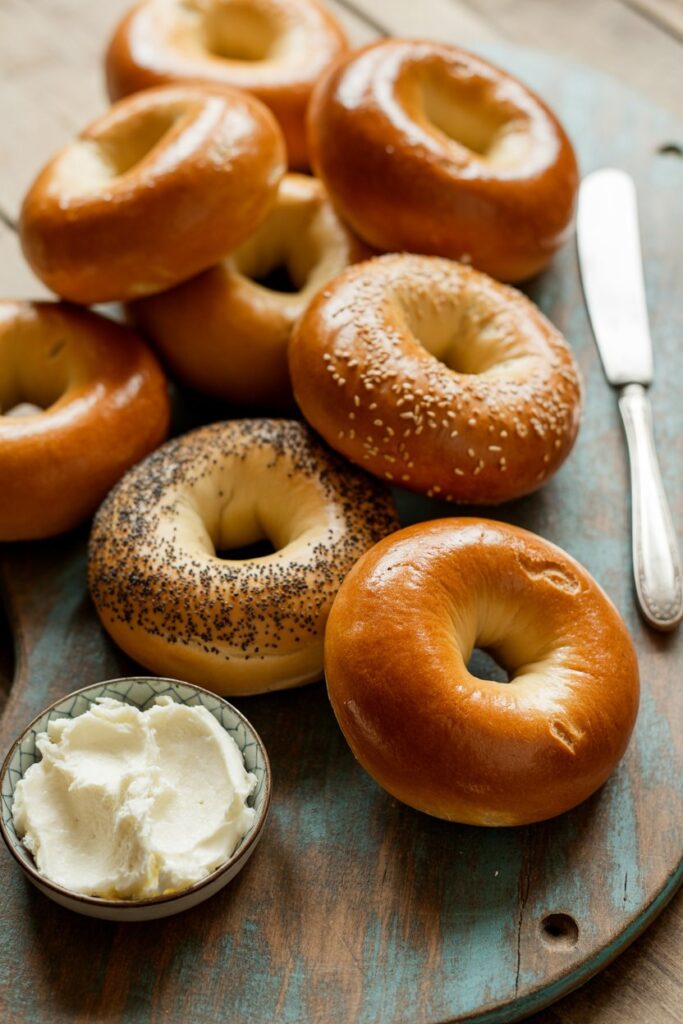 Assorted homemade bagels served on a wooden board.