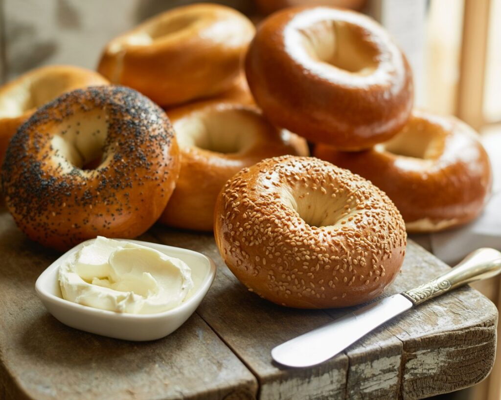 Step-by-step process of shaping dough into bagels.