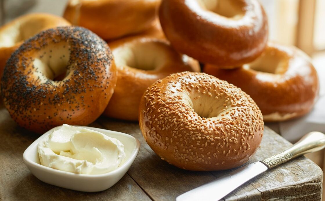 Step-by-step process of shaping dough into bagels.