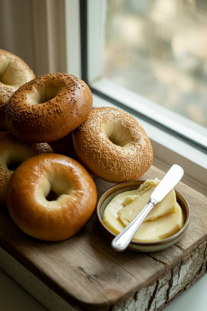 Fresh bagels with everything seasoning cooling on parchment paper.